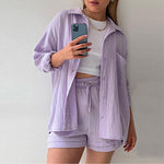 Lapel Long Sleeve Shirt High Waist Drawstring Shorts Fashion Suit Wholesale Women'S 2 Piece Sets