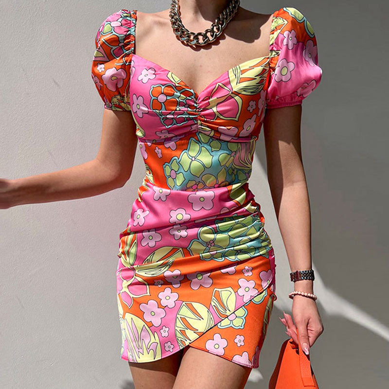 Sexy Floral Print High Waist Skinny One Shoulder Package Hip Dress Wholesale Dresses