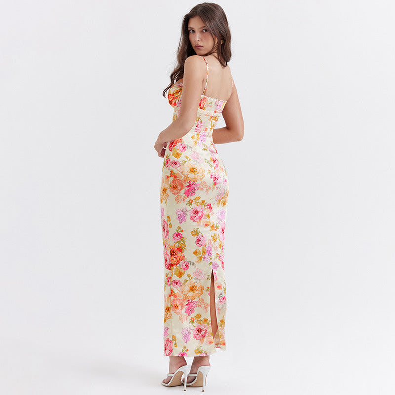 Sling Flower Print Pleated Slit Elegant Dress Wholesale Dresses