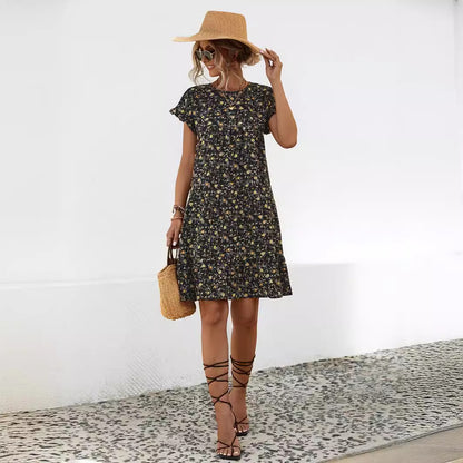 Round Neck Ruffle Sleeve Floral Printed Dresses Wholesale Womens Clothing N3824042900044