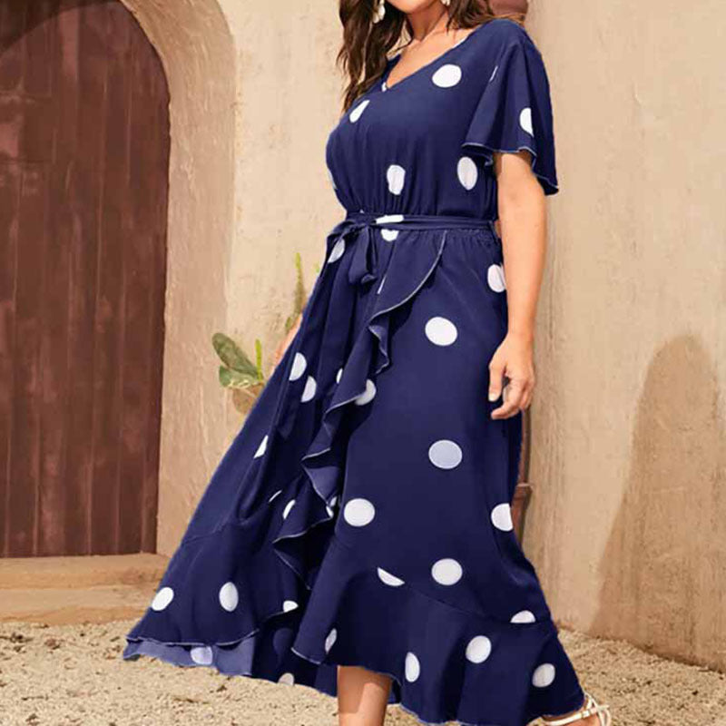 Wholesale Women Plus Size Clothing Irregular V-Neck Polka-Dot Simple Dress