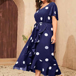 Wholesale Women Plus Size Clothing Irregular V-Neck Polka-Dot Simple Dress