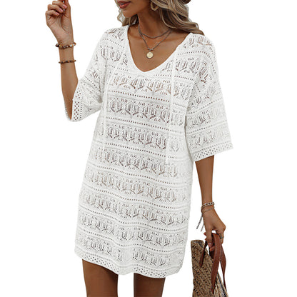 Casual Short-Sleeved V-Neck Hollow Vacation Beach Sunscreen Dress Wholesale Dresses