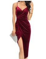 Nightclub Style Sexy Split Gold Velvet Halter Dress Wholesale Dresses V5923070600021