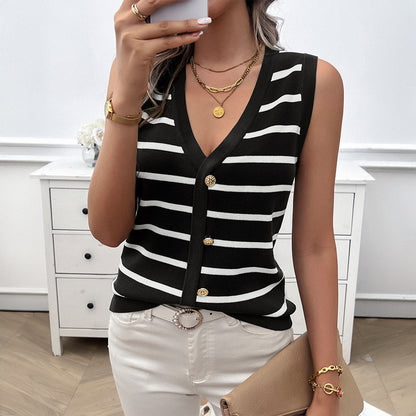 Casual V-Neck Contrast Color Sleeveless Cardigan Sweater Wholesale Womens Clothing N3824060600046