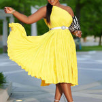 Fashion Slant Shoulder Solid Color Pressure Pleat Big Hem Dress Wholesale Dresses
