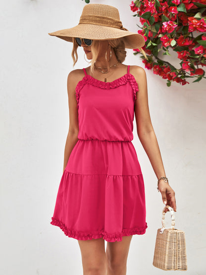 Simple Suspender Ruffle Solid Color Slim Dress Wholesale Dresses