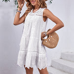 Fashionable Resort Eyelets Sleeveless White Dress Wholesale Womens Clothing N3824022600070
