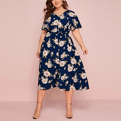 Plus Size Women's Floral Printed V-Neck Waist Dress Wholesale Plus Size Womens Clothing N3824052500007