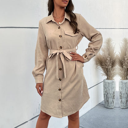 Long Sleeve Solid Color Corduroy Shirt Dress Wholesale Womens Clothing N3824062800027