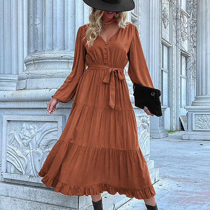 Long Sleeve Solid Color Maxi Dresses With Belt Wholesale Womens Clothing N3824091200040