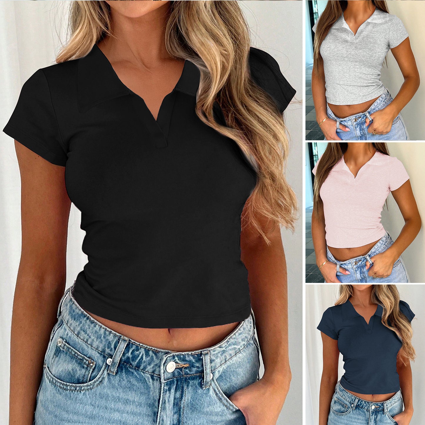 Casual Slim Fit Navel-Exposed Knit Short Sleeve Tops Wholesale Womens Clothing N3824112000040