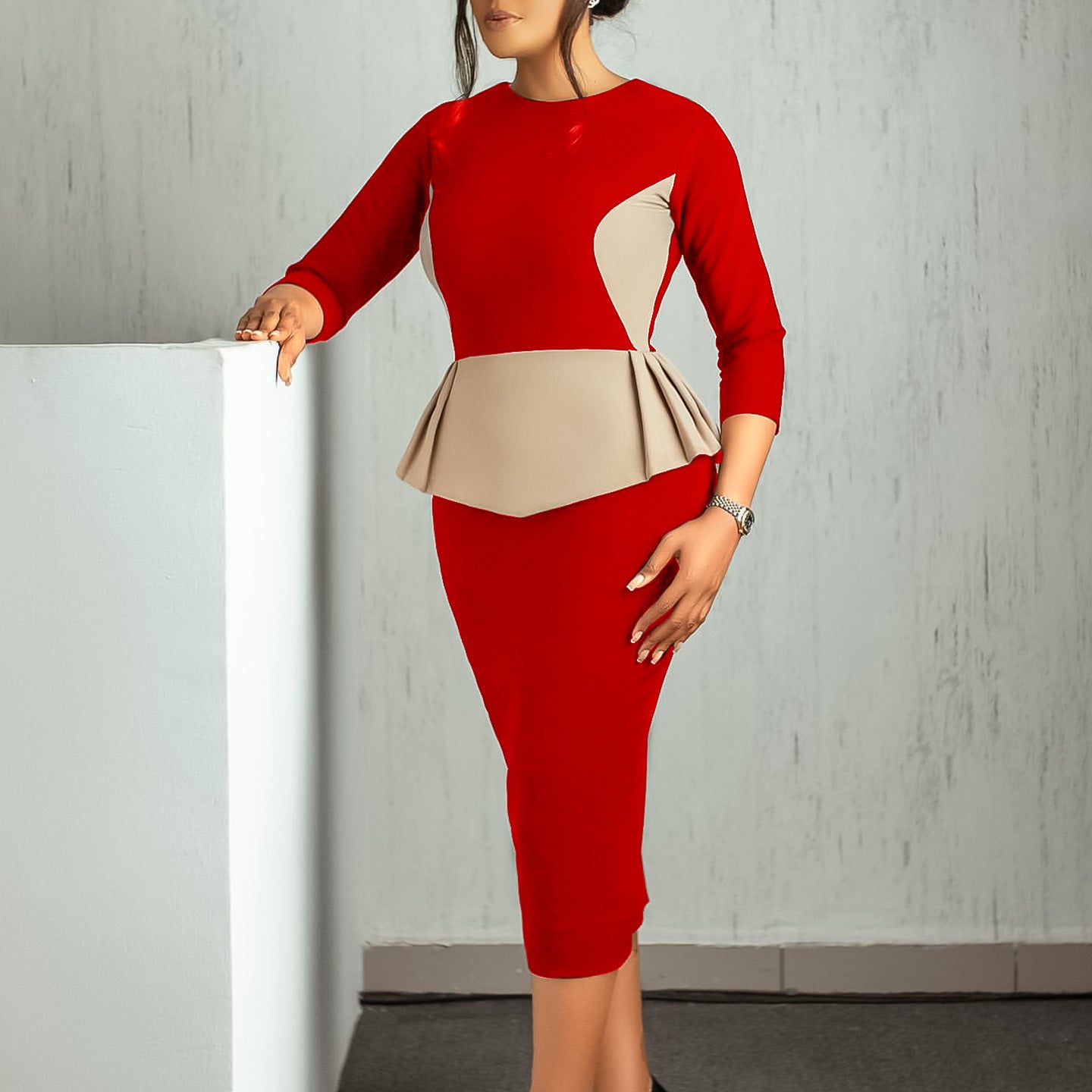 Elegant Color Block Slim Wrap Dress Wholesale Women Dresses N3824091200188