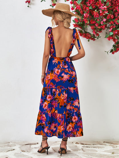 Bohemian Backless Strappy Printed V-Neck Sleeveless Dresses Wholesale Dresses