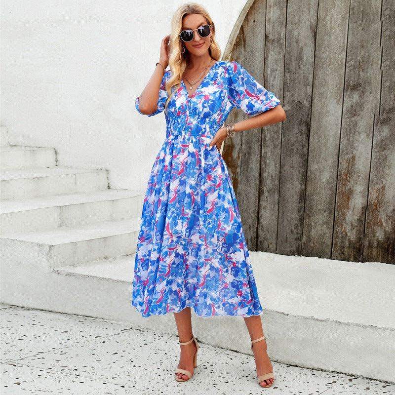 Vacation Printed Waist V-Neck Maxi Dresses Wholesale Womens Clothing N3824022600046