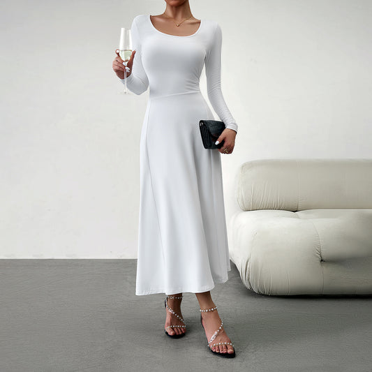 Elegant Solid Color U Neck Waisted Long Sleeve Dress Wholesale Dresses