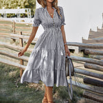 Striped V-Neck Dresses Short Sleeve Wholesale Womens Clothing N3824022600017