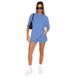 Solid Color Crew Neck Pullover Mid-Sleeve Top And Shorts Wholesale Womens 2 Piece Sets N3823103000035