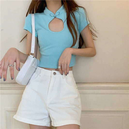 Fashion Short-Sleeved Waistless Openwork Stand-Up Collar Plate Buckle Short T-Shirt Wholesale Womens Tops