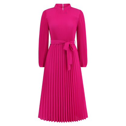 Stand Collar Puff Sleeve Pleated Skirt Dress Wholesale Womens Clothing N3824062100034