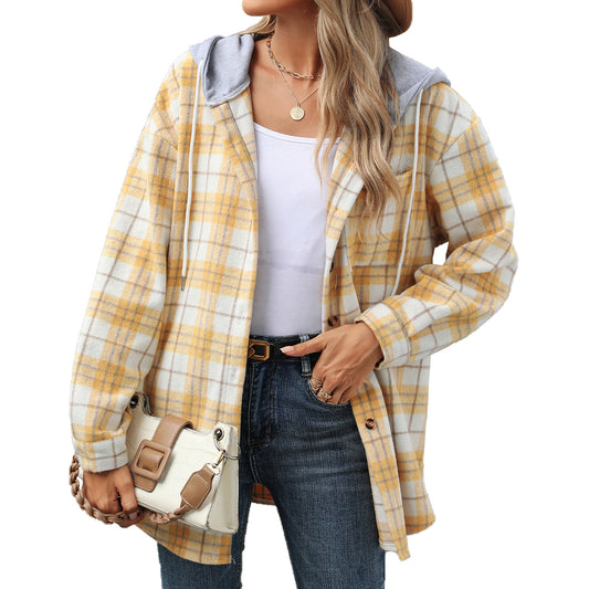 Plaid Contrast Color Hooded Long-Sleeved Loose Woolen Coats Wholesale Womens Clothing N3824082900035