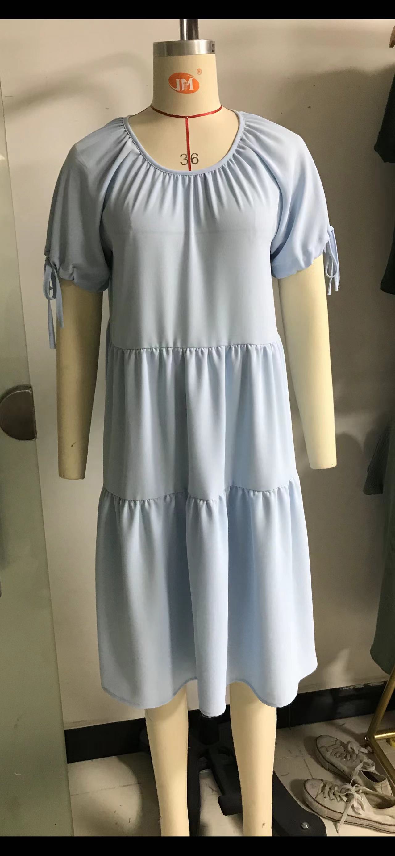 Solid Color Round Neck Pleated Tie Short Sleeve Dresses Wholesale Womens Clothing N3824052000094