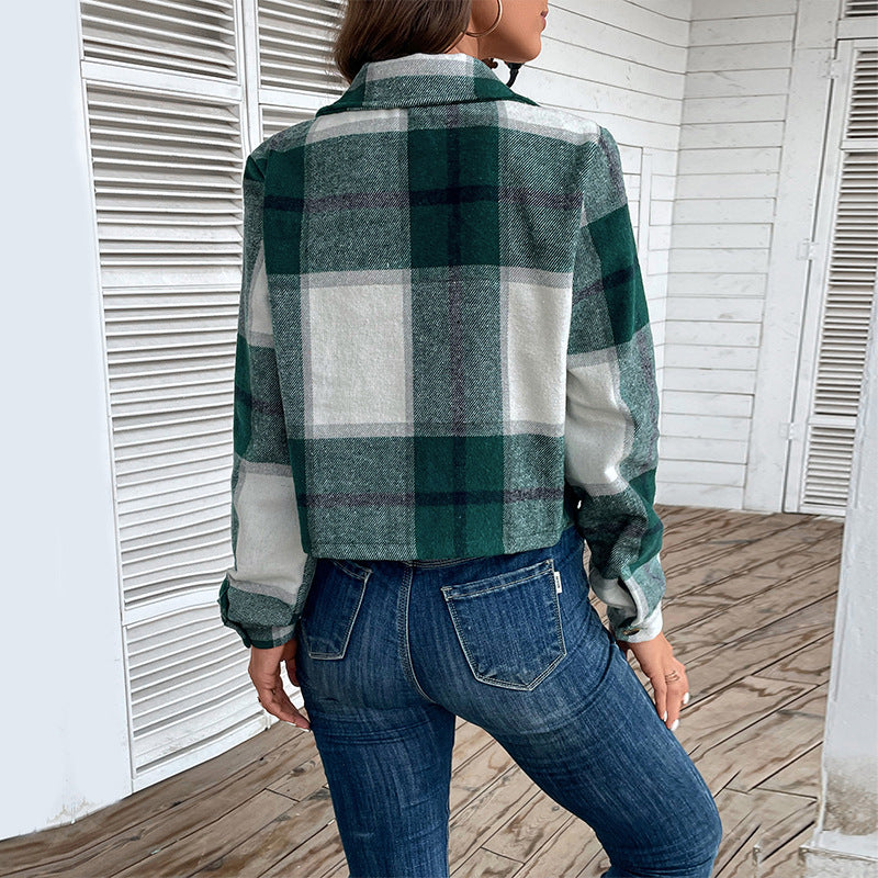 Fall Long Sleeve Cropped Lapel Plaid Jackets & Coats Wholesale Womens Clothing N3824080900018