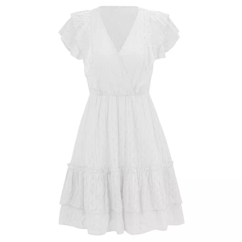 Short Sleeve Cross V Neck Waist Casual Dresses Wholesale Womens Clothing N3824050700042