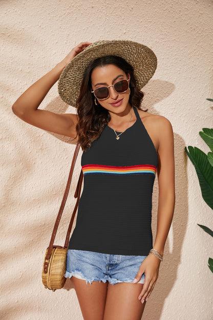 Fashion Rainbow Color Blocking Backless Knitted Hanging Neck Top Wholesale Womens Tops