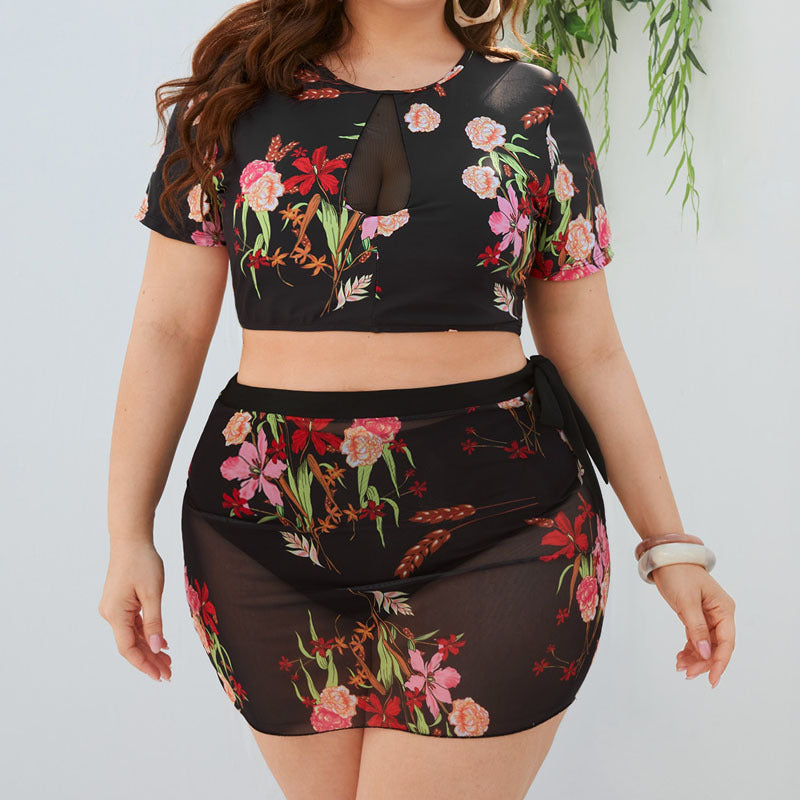Wholesale Women Plus Size Clothing Printed Short-Sleeved Skirt Split Three-Piece Swimsuit