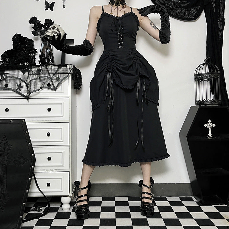 Dark Punk Stylish Slim Drawstring Strap Suspender Dress Wholesale Dresses