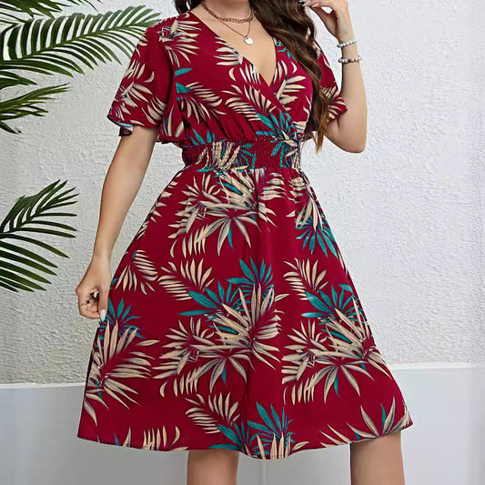 Plus Size V-Neck Wrap Waist Slimming Short Sleeve Dresses Wholesale Plus Size Womens Clothing N3824052500008