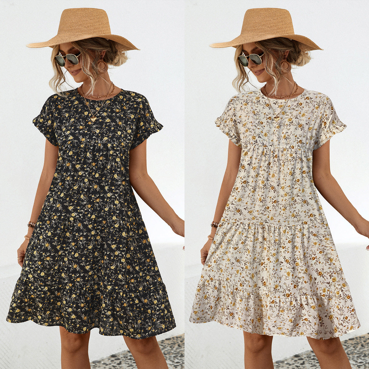 Round Neck Ruffle Sleeve Floral Printed Dresses Wholesale Womens Clothing N3824042900044