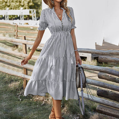 Striped V-Neck Dresses Short Sleeve Wholesale Womens Clothing N3824022600017