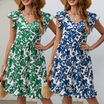 Women's Leaf Print V-Neck Fly Sleeve Resort Dresses Wholesale Womens Clothing N3824010500008