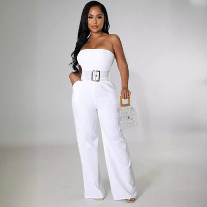 Off-Shoulder Smocked Solid Color High Waist Jumpsuit Wholesale Womens Clothing N3824071000022