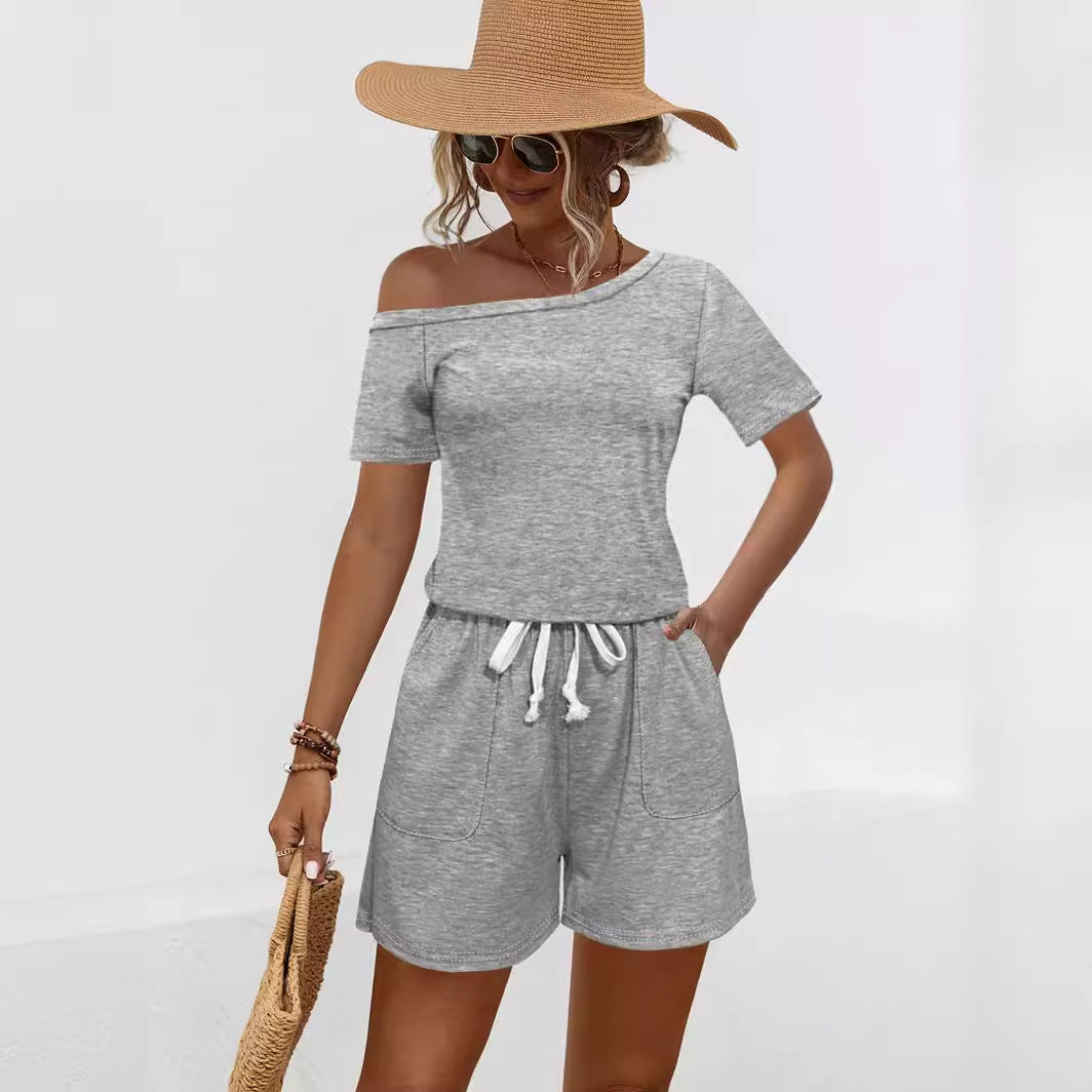 Short Sleeve Pocket Lace Up Slash Strapless Rompers & Jumpsuit Wholesale Womens Clothing N3824050700103