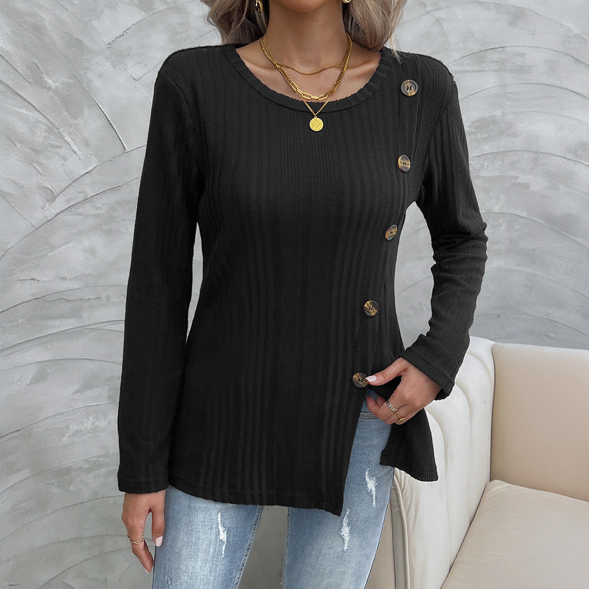 Round Neck Split Button Long Sleeve Tops Wholesale Womens Clothing N3824071500007