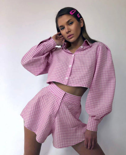 Plaid Long-Sleeved Shirt Crop Tops High Waist Shorts Commuter Suit Wholesale Womens Clothing