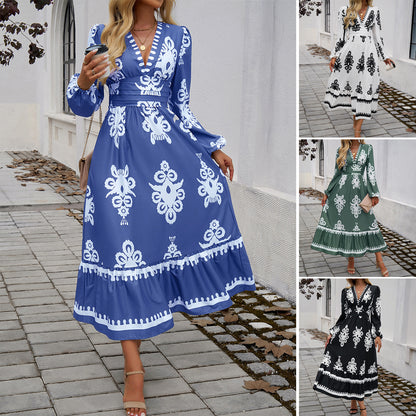 Elegant Printed V-Neck A-Line Dresses Long Sleeve Wholesale Womens Clothing N3824073100073