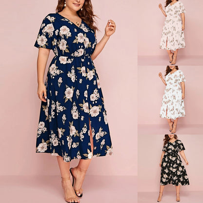 Plus Size Women's Floral Printed V-Neck Waist Dress Wholesale Plus Size Womens Clothing N3824052500007