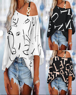 Fashion Letter Print Patchwork Slant Neck Ruffle Sleeve Top Wholesale Womens Tops