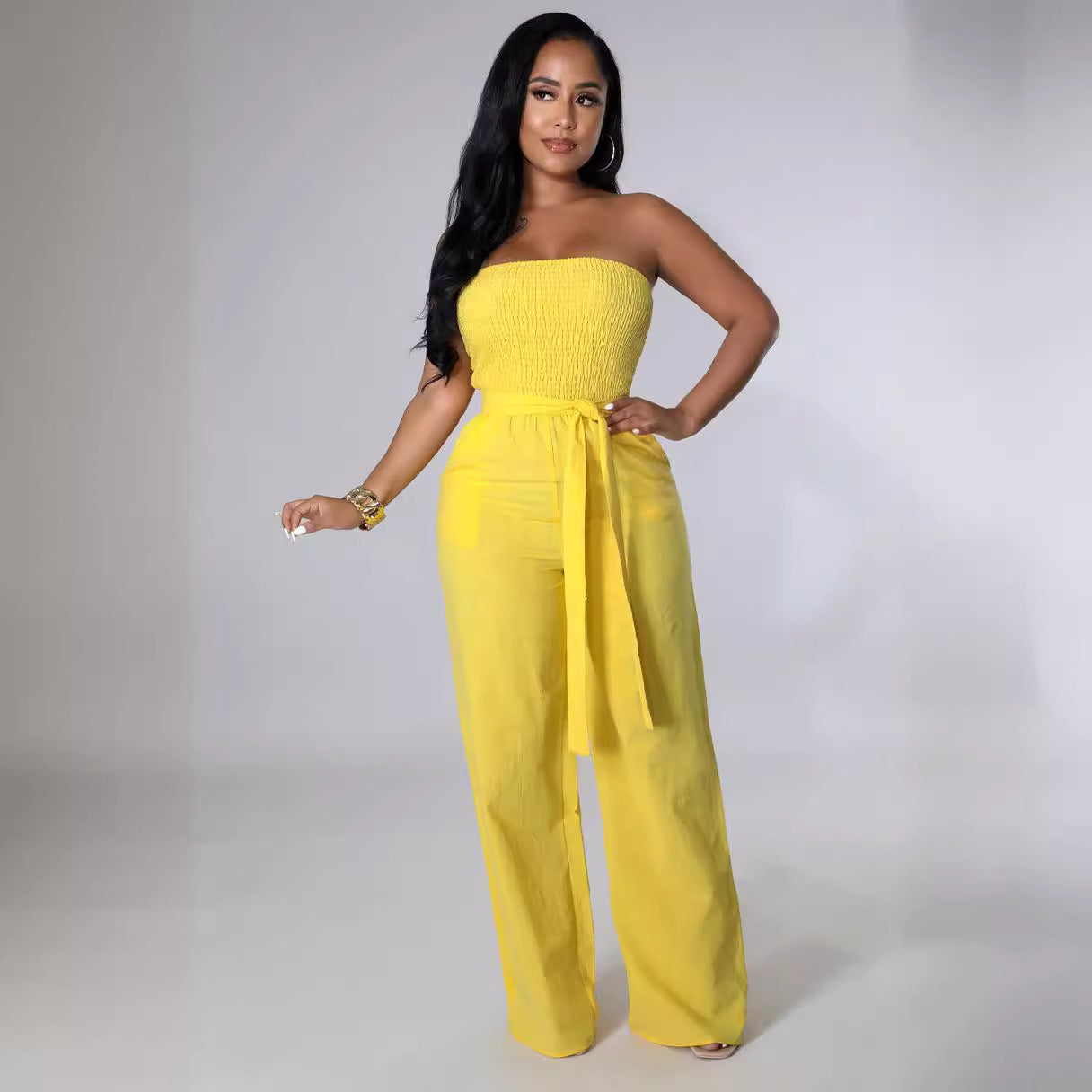 Off-Shoulder Smocked Solid Color High Waist Jumpsuit Wholesale Womens Clothing N3824071000022