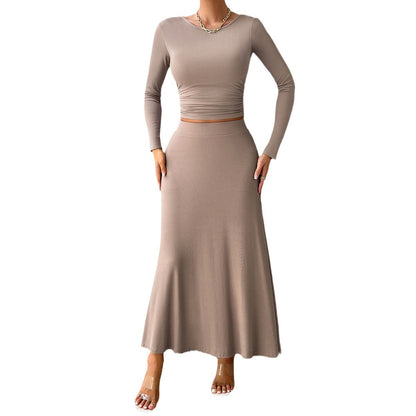 Slim Fit Long Sleeve Crop Tops And Maxi Skirts Two-Piece Set Wholesale Womens Clothing N3824090300026