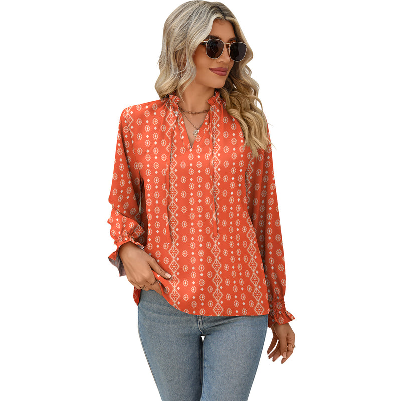 Ruffled Lightweight Opaque Print Lace Pullover Shirt Wholesale Women'S Top