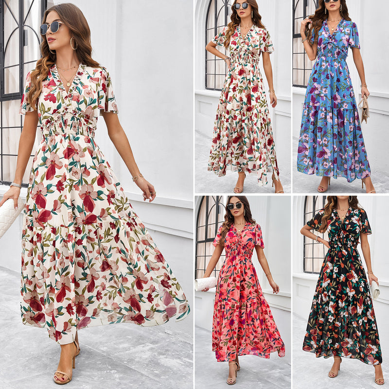 Casual Floral Printed Waist Dresses Wholesale Womens Clothing N3824040100112