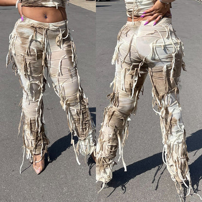 Fashion Tie-Dye Tassel High Waist Slim Fit Pants Wholesale Womens Clothing N3824083000017