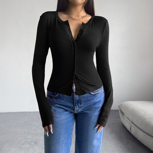 Solid Color Cardigan Ribbed Long Sleeve Blouses Wholesale Womens Clothing N3824080700057