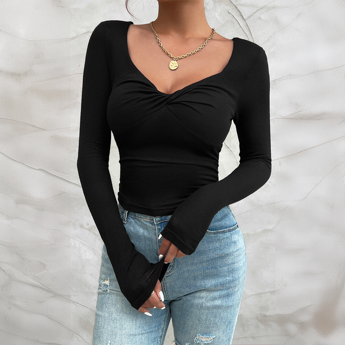 Long-Sleeved Women's Temperament Slim V-Neck Tops Wholesale Womens Clothing N3824070500007