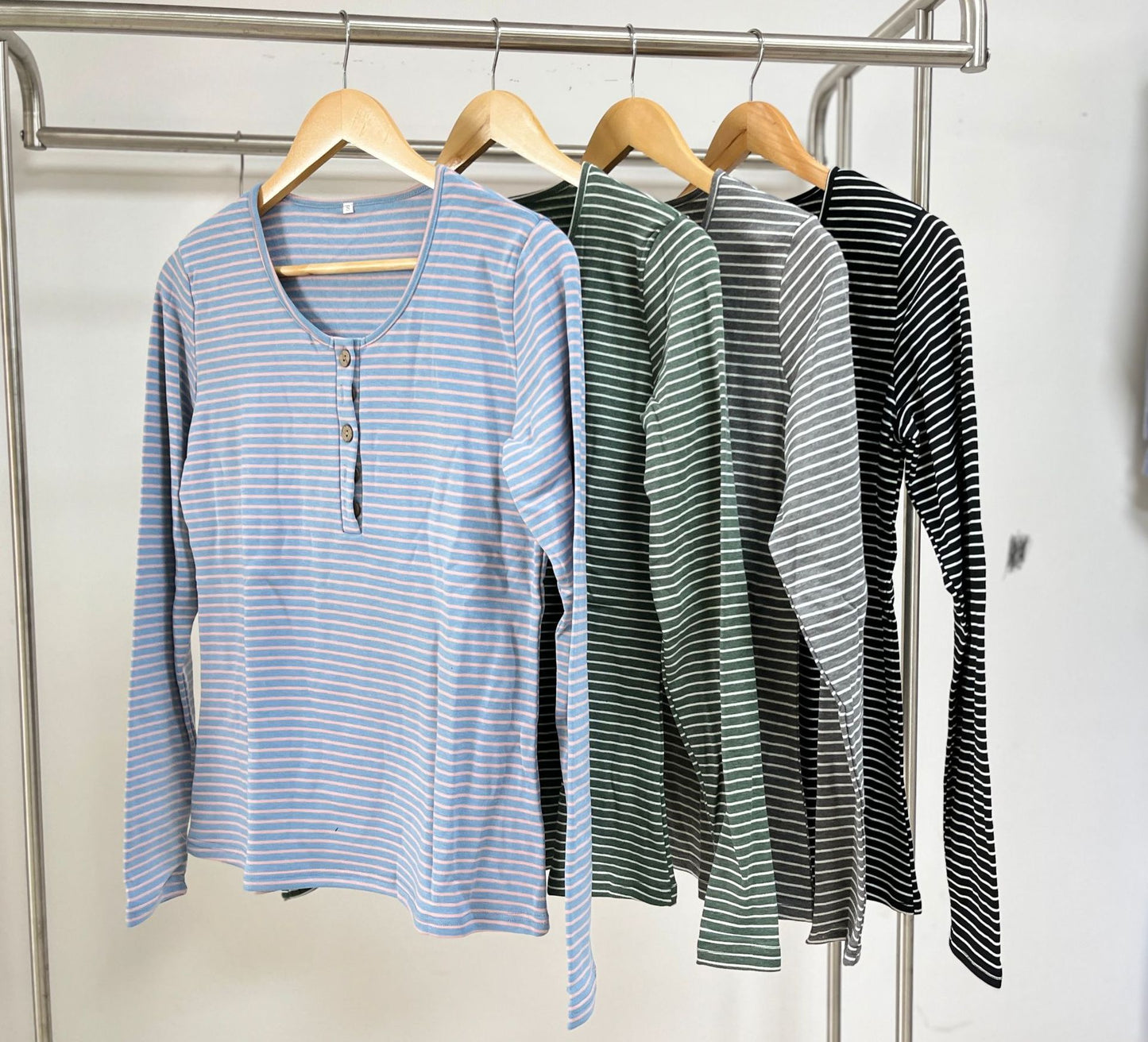 Round Neck Button Tops Loose Long Sleeve Striped T-Shirts Wholesale Womens Clothing N3824082300065